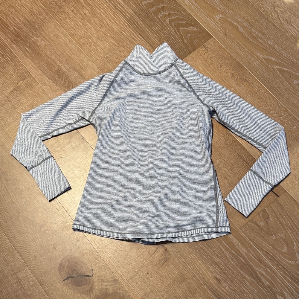 Lululemon Gray and White Striped Long Sleeve Mock Neck Top, With Gather in Back